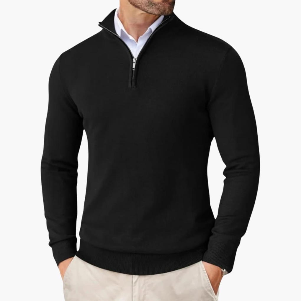 Pullover Uomo in Maglia con Quarto di Zip e Bordi a Coste