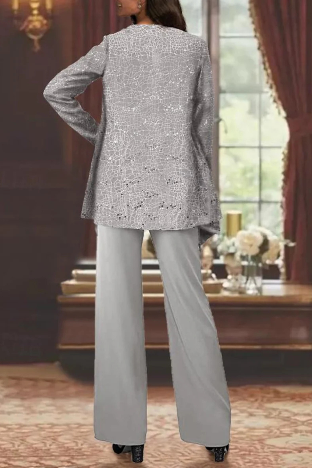 Ensemble trois pièces pour femme avec sequins et pantalon à jambes larges