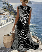 Abito Midi Shift con Blocco di Colore e Stampa Leopardata