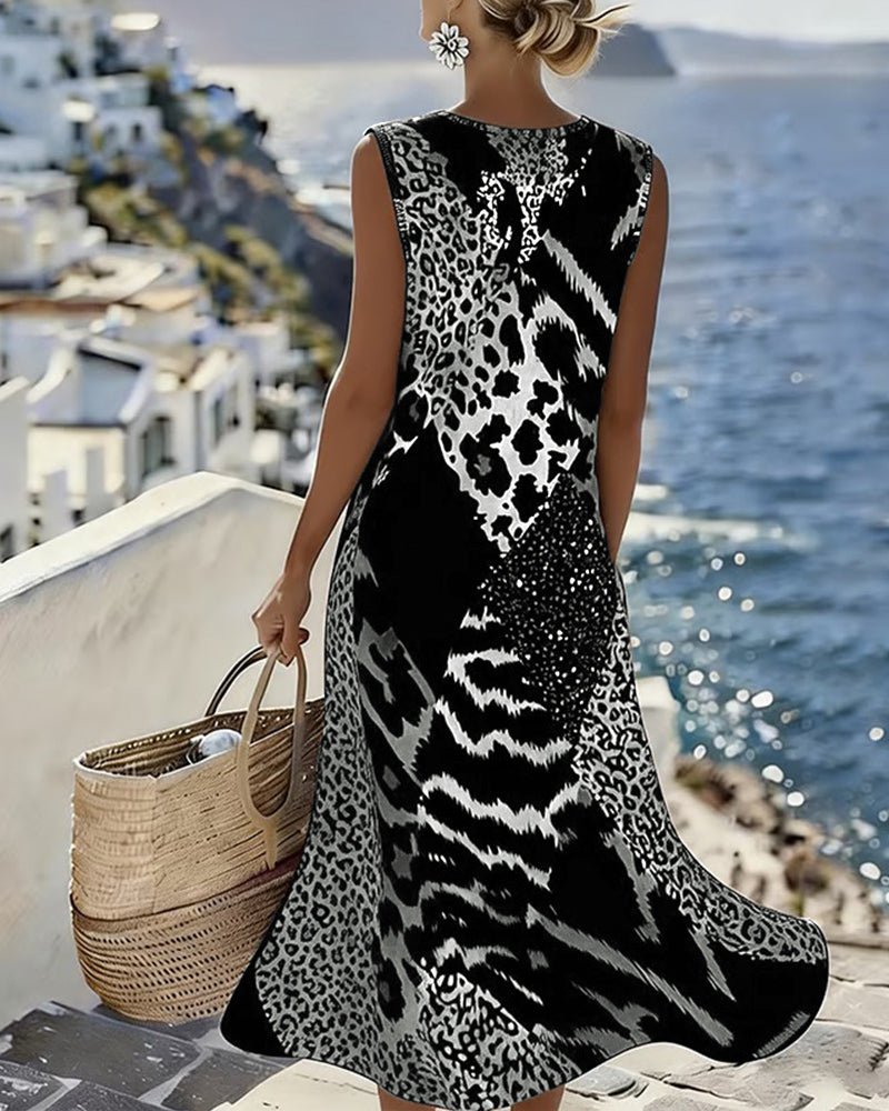 Abito Midi Shift con Blocco di Colore e Stampa Leopardata