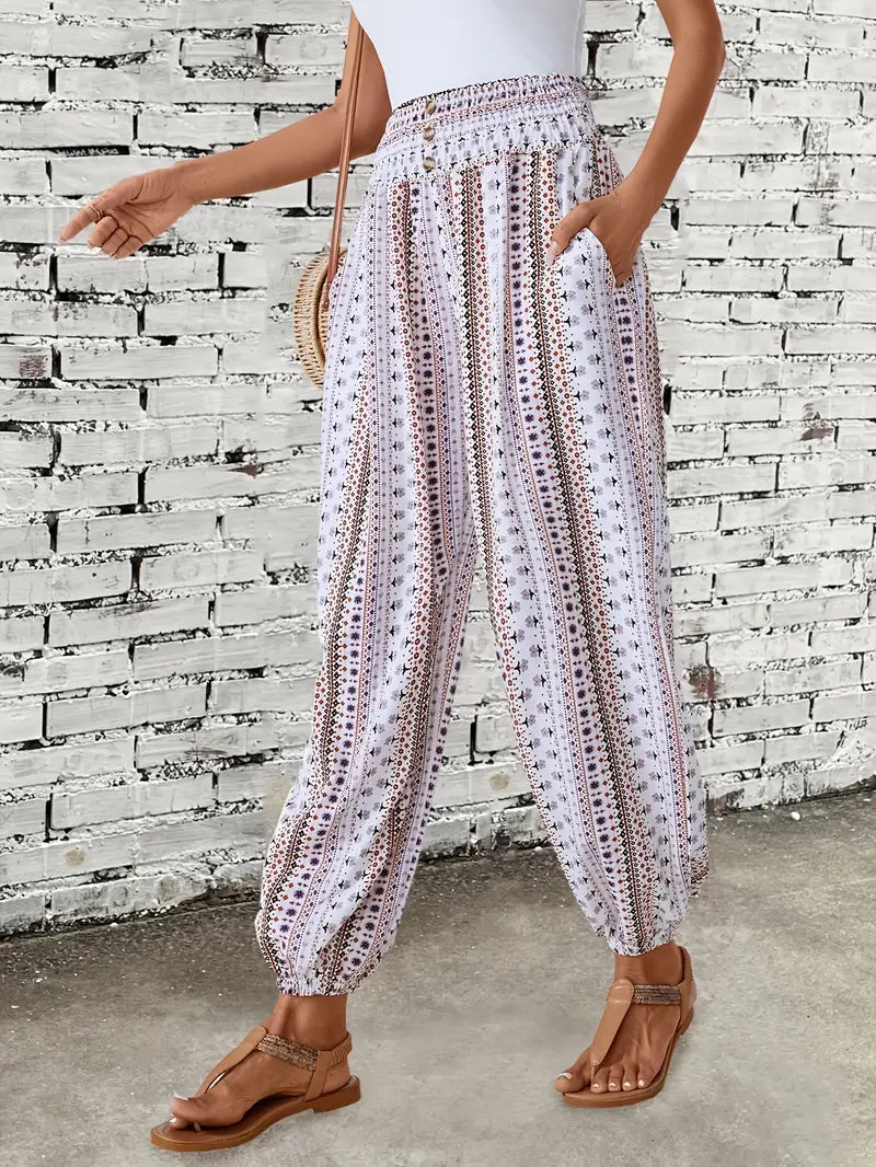Pantaloni Boho Donna Stampati a Gamba Larga con Vita Elasticizzata