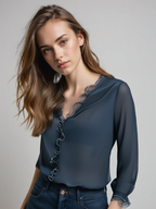 Blouse élégante pour femme en mousseline avec volants et dentelle - manches transparentes