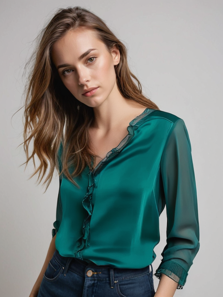 Blouse élégante pour femme en mousseline avec volants et dentelle - manches transparentes