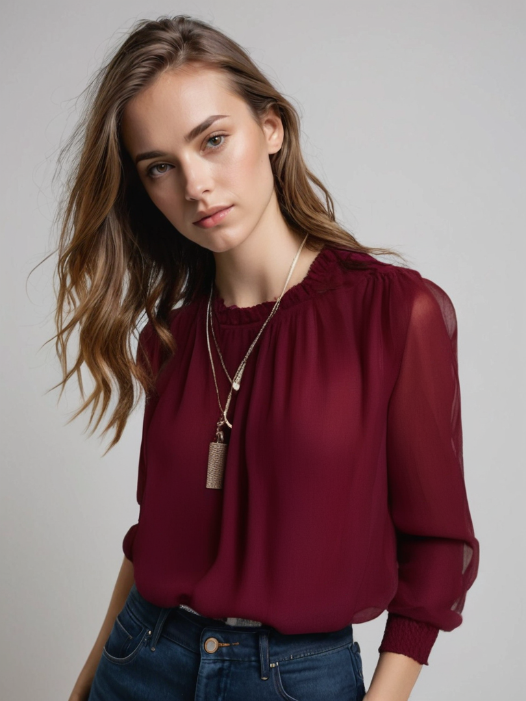 Blouse élégante pour femme en mousseline avec volants et dentelle - manches transparentes