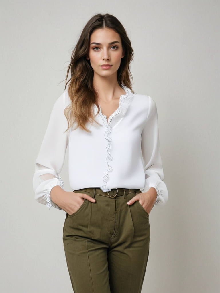 Blouse élégante pour femme en mousseline avec volants et dentelle - manches transparentes