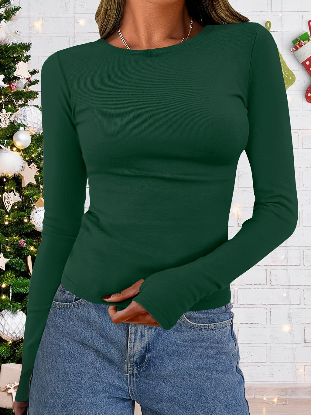Pull côtelé fin pour femme avec col rond - Coupe ajustée et manches longues