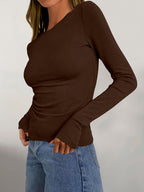 Pull côtelé fin pour femme avec col rond - Coupe ajustée et manches longues