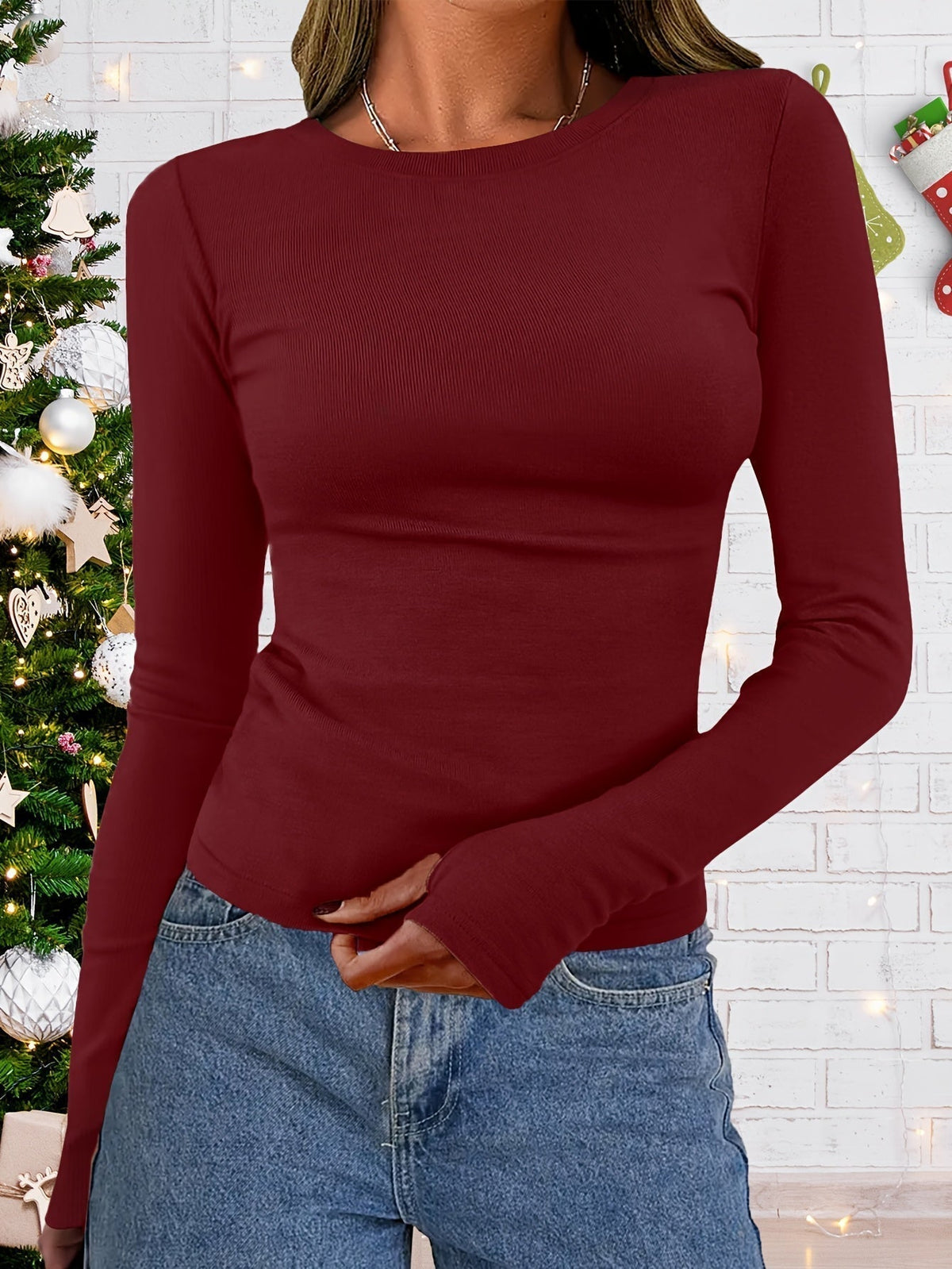 Pull côtelé fin pour femme avec col rond - Coupe ajustée et manches longues