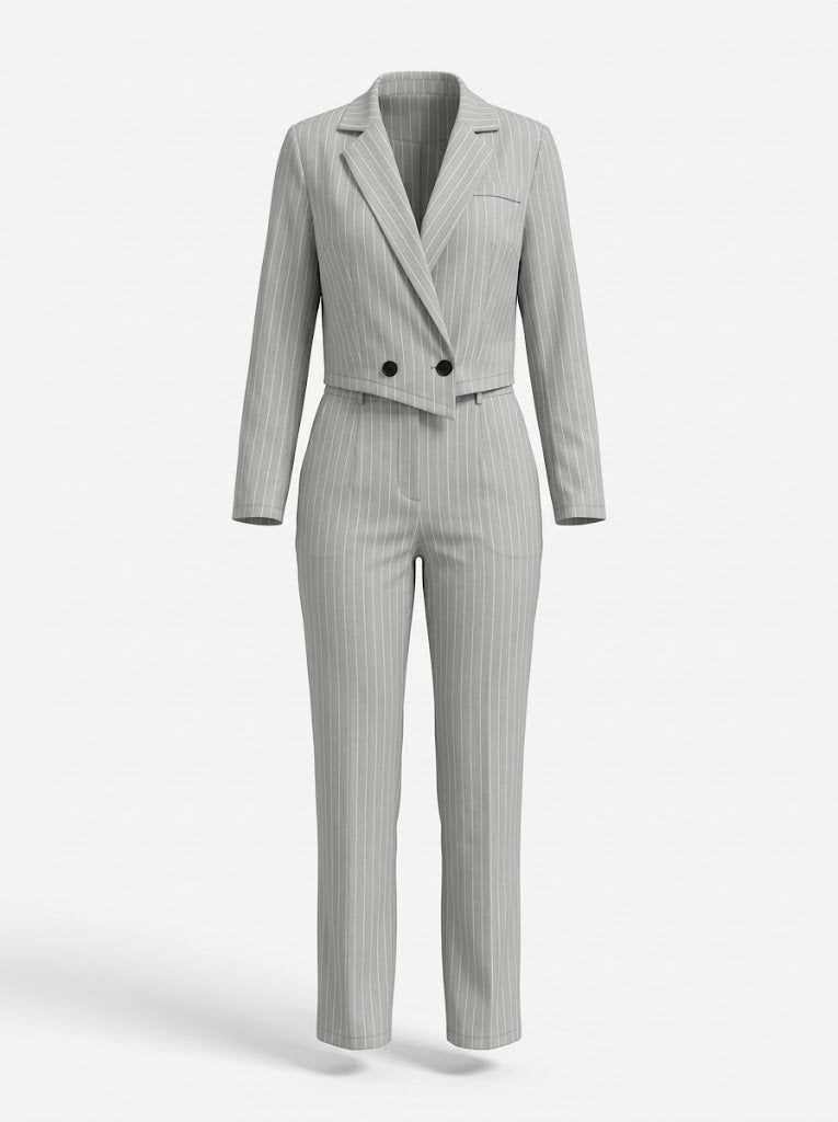 Completo Donna Gessato con Blazer Corto e Pantaloni a Gamba Larga