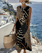 Abito Midi Shift con Blocco di Colore e Stampa Leopardata