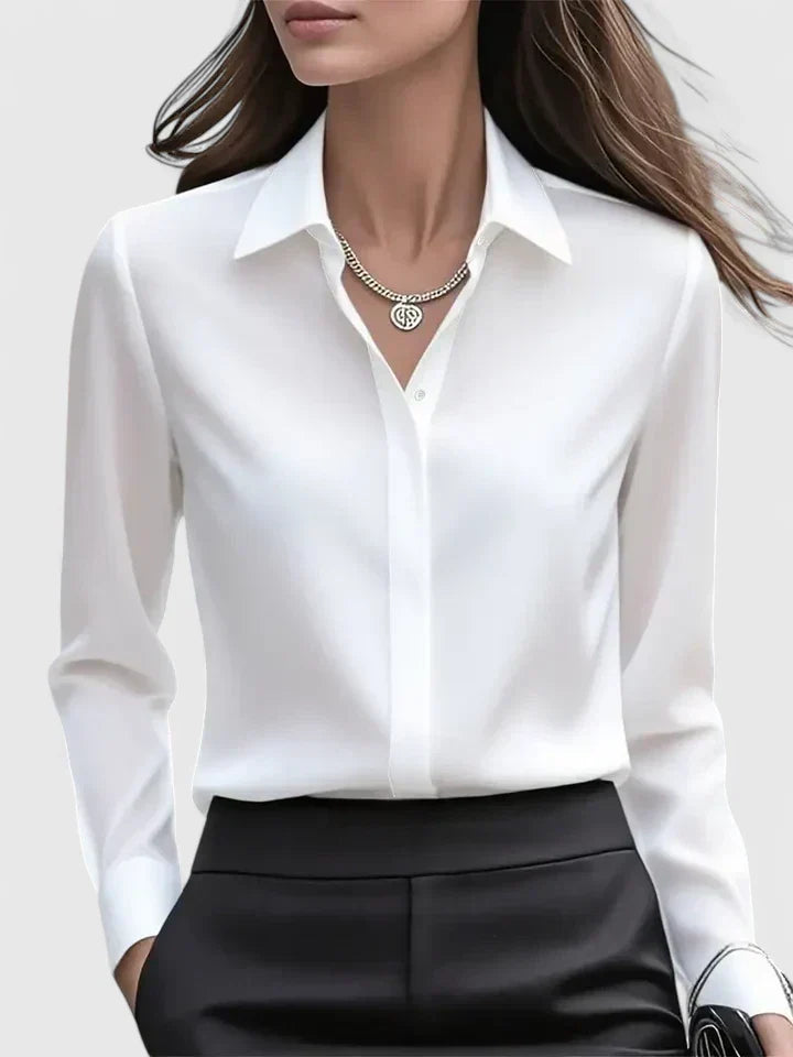 Blusa Elegante Donna in Raso con Maniche Lunghe e Colletto – Camicia Satinata per Ufficio e Look Chic