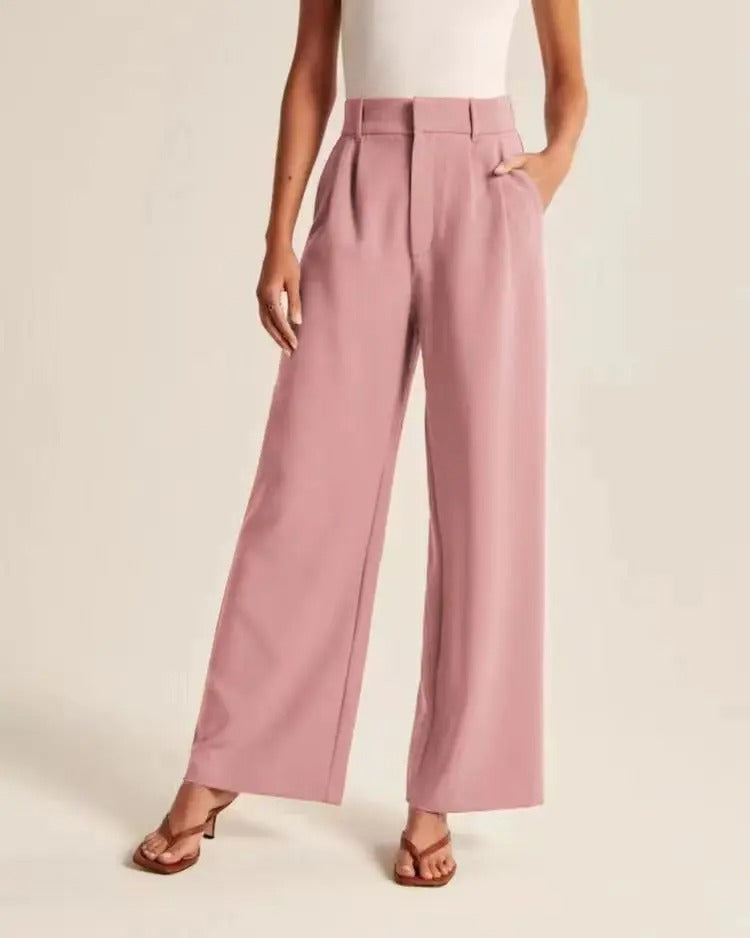 Pantalon élégant pour femme à taille haute avec plis - jambes larges pour le bureau et les loisirs