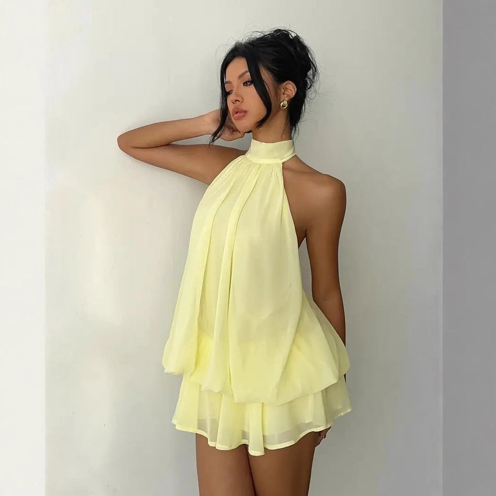 Robe courte pour femme en mousseline avec volants et col licou