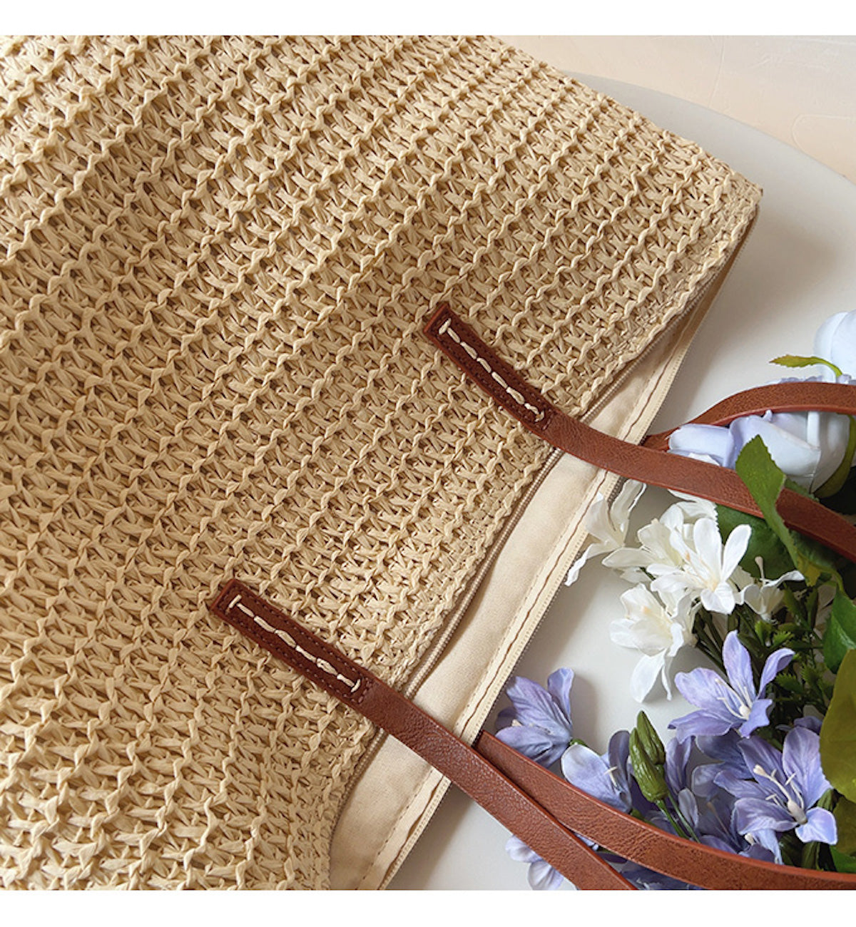 Elegant Riet Tote med Læderremme - SummerBreeze