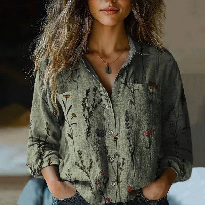 Camicia Donna Stampata con Bottoni e Maniche Lunghe – Eleganza Casual e Vestibilità Comoda