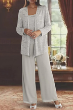 Ensemble trois pièces pour femme avec sequins et pantalon à jambes larges