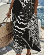 Midi Shift Kjole med Farveblok og Leopardprint