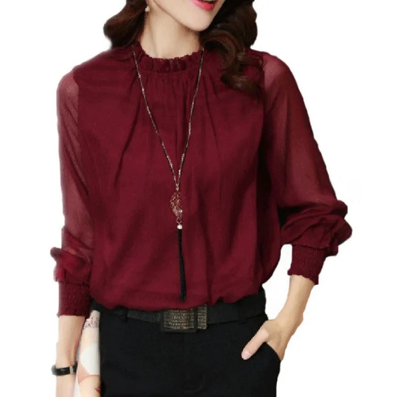 Blouse élégante pour femme en mousseline avec volants et dentelle - manches transparentes