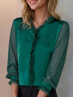 Blouse élégante pour femme en mousseline avec volants et dentelle - manches transparentes