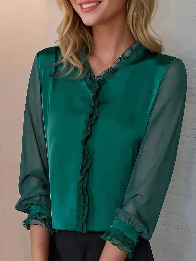 Blouse élégante pour femme en mousseline avec volants et dentelle - manches transparentes