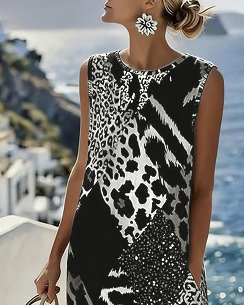 Abito Midi Shift con Blocco di Colore e Stampa Leopardata