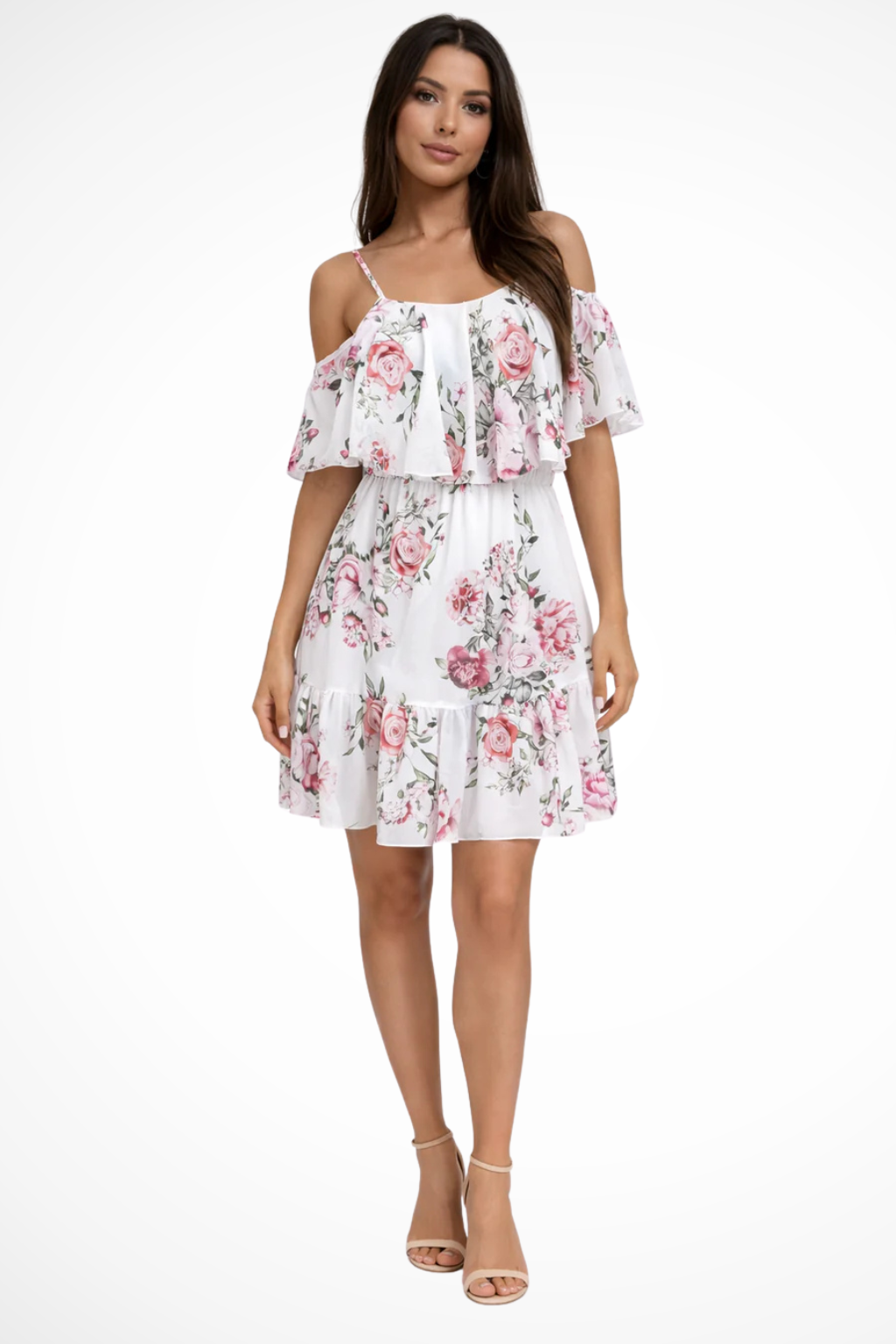 Blomstret Off-Shoulder Kjole med Flæser og Let Sommerlook