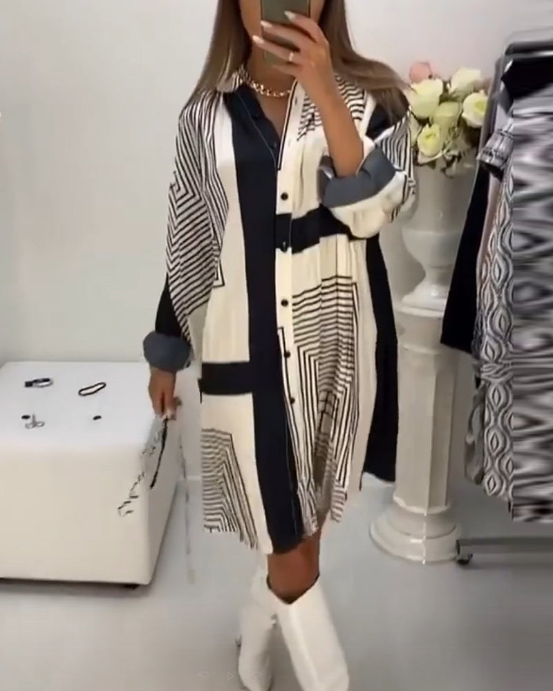 Abito Camicia Oversize con Collo, Stampa e Cintura