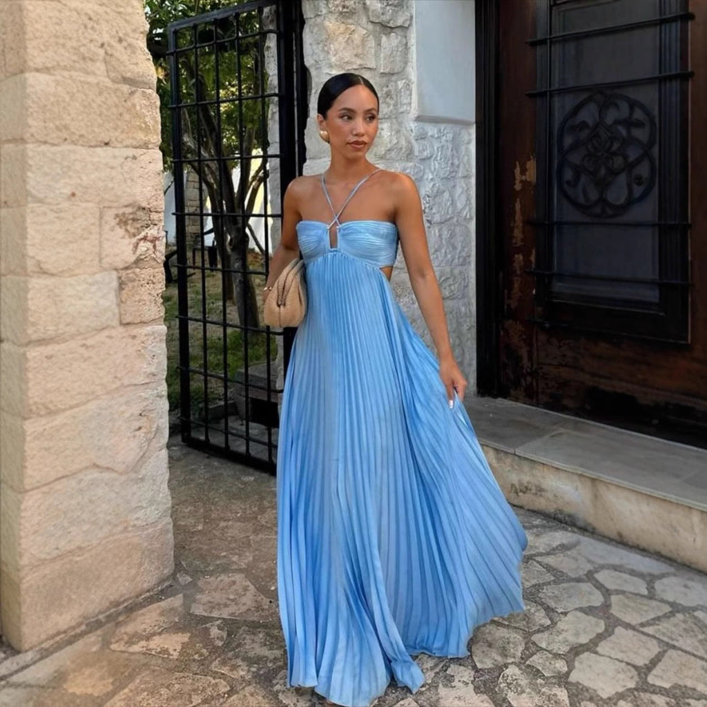 Robe longue plissée pour femme à col licou et dos nu