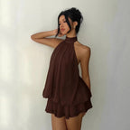 Robe courte pour femme en mousseline avec volants et col licou