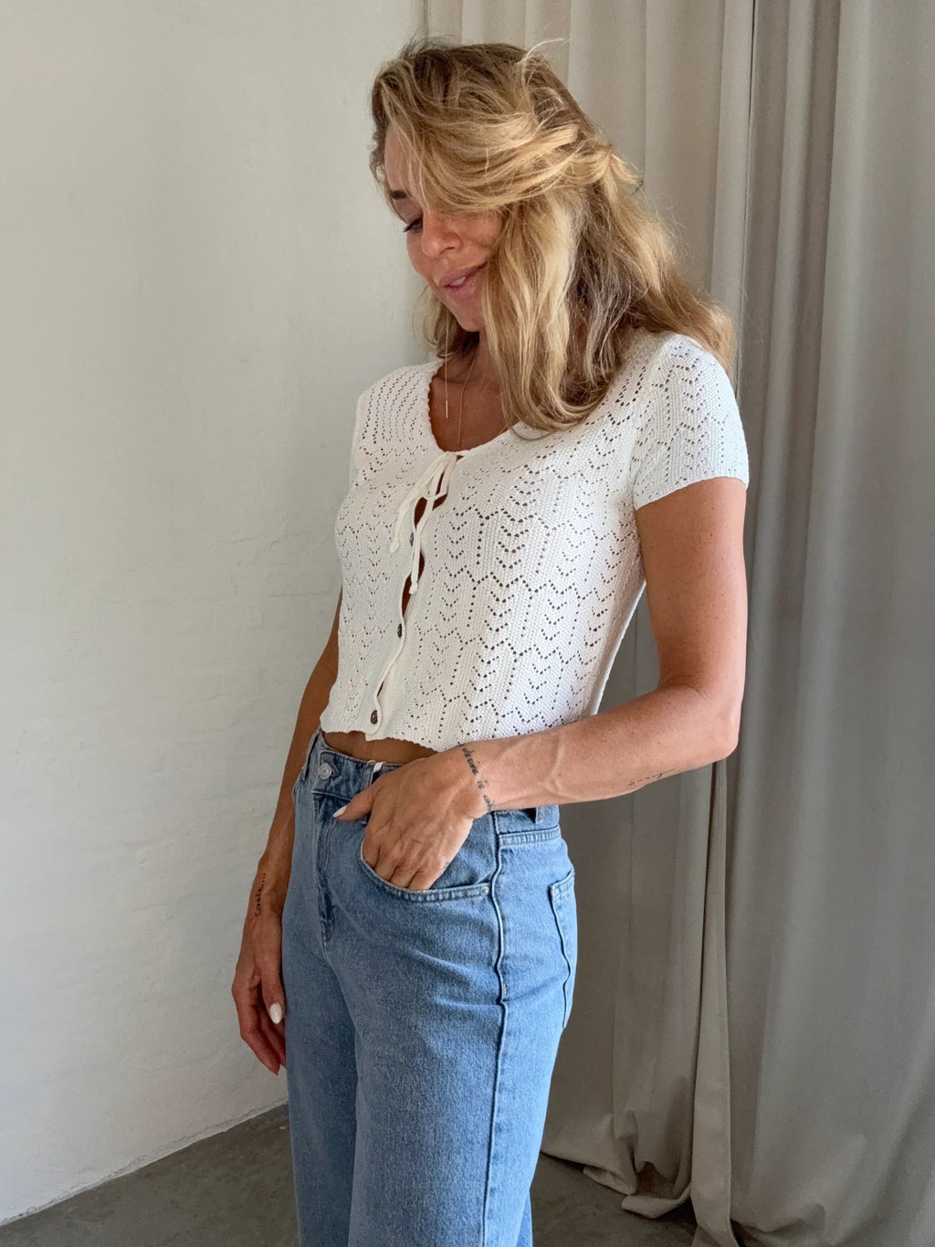 Dametop Blonde Struktur Cropped Silhuet