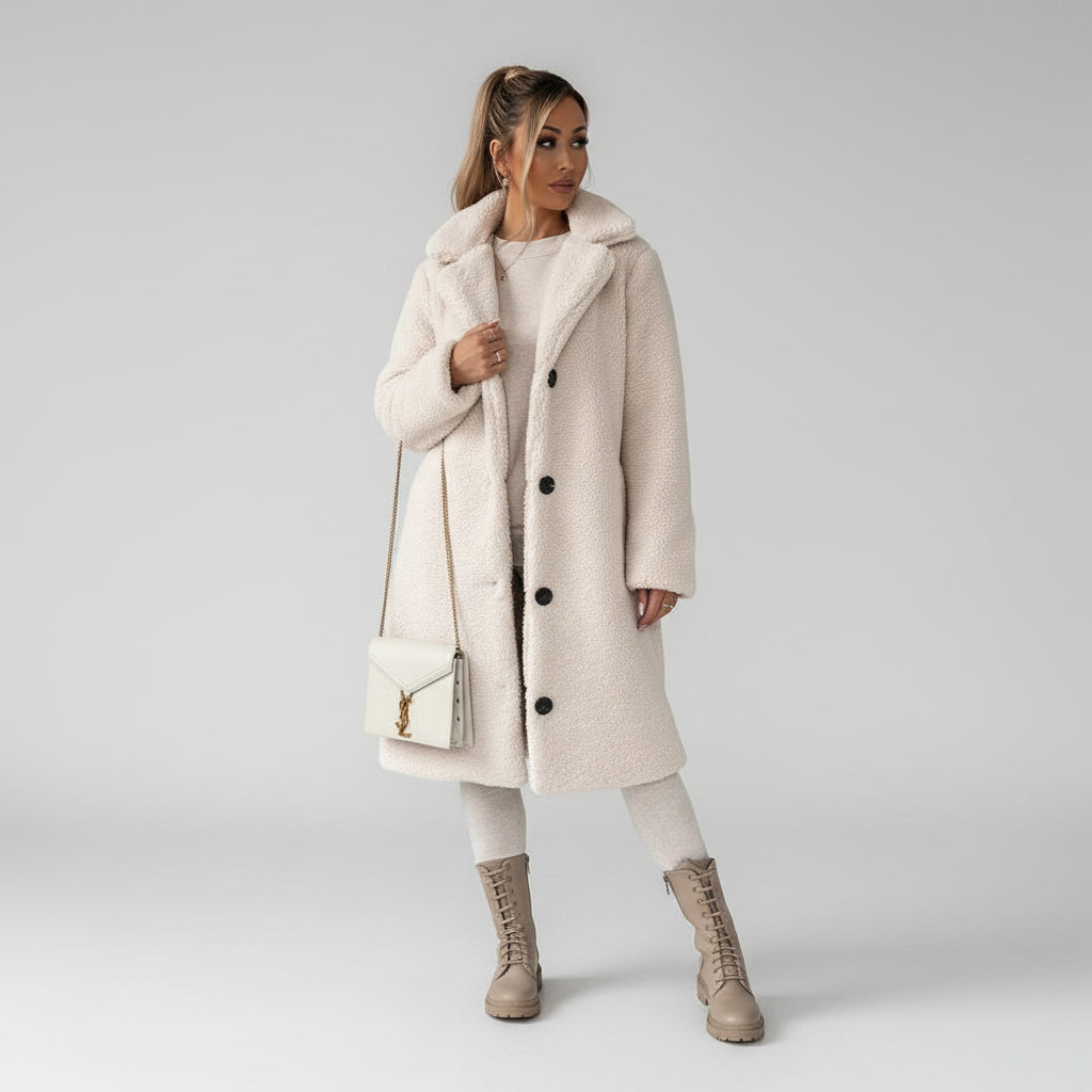 ANFINITE - Blød Beige Lang Teddy Frakke til Kvinder