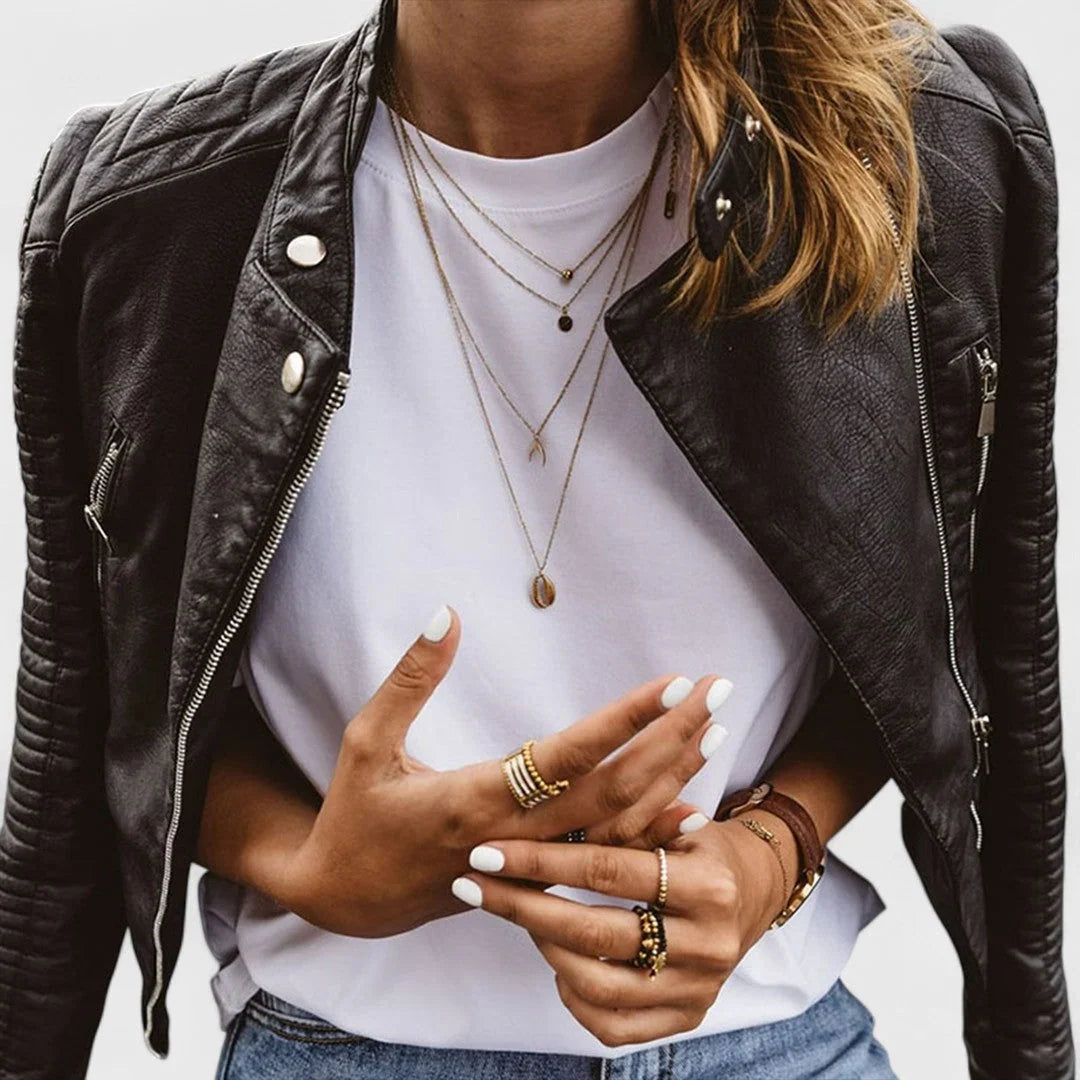 Chaqueta biker ajustada para mujer con cremallera - cuello alto y mangas acolchadas