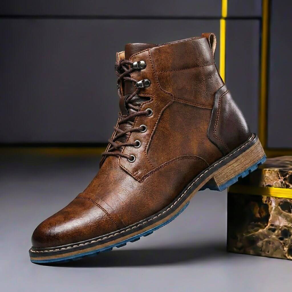 Bottines pour homme en cuir véritable à lacets – Élégantes avec bout renforcé