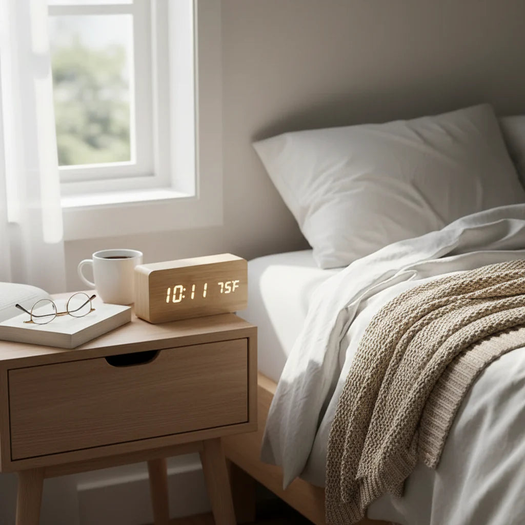 Stemmekontrolleret LED Vækkeur – Elegant Design til Minimalistisk Indretning
