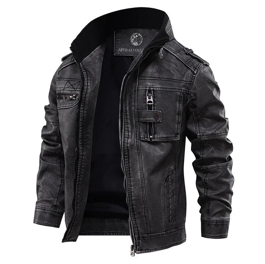 Veste homme en cuir à poches multiples avec col montant