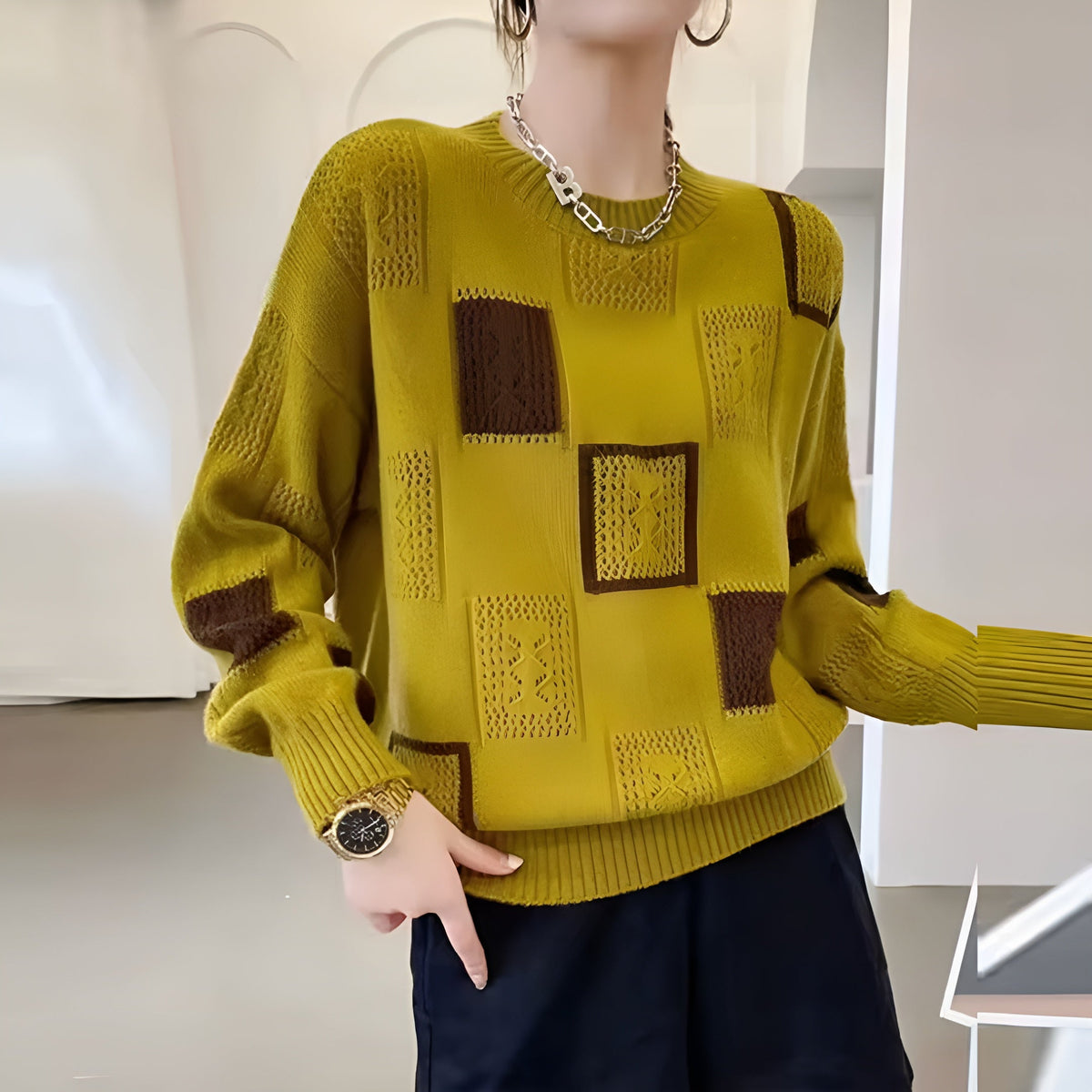 Jersey de mujer estampado de punto con cuello redondo