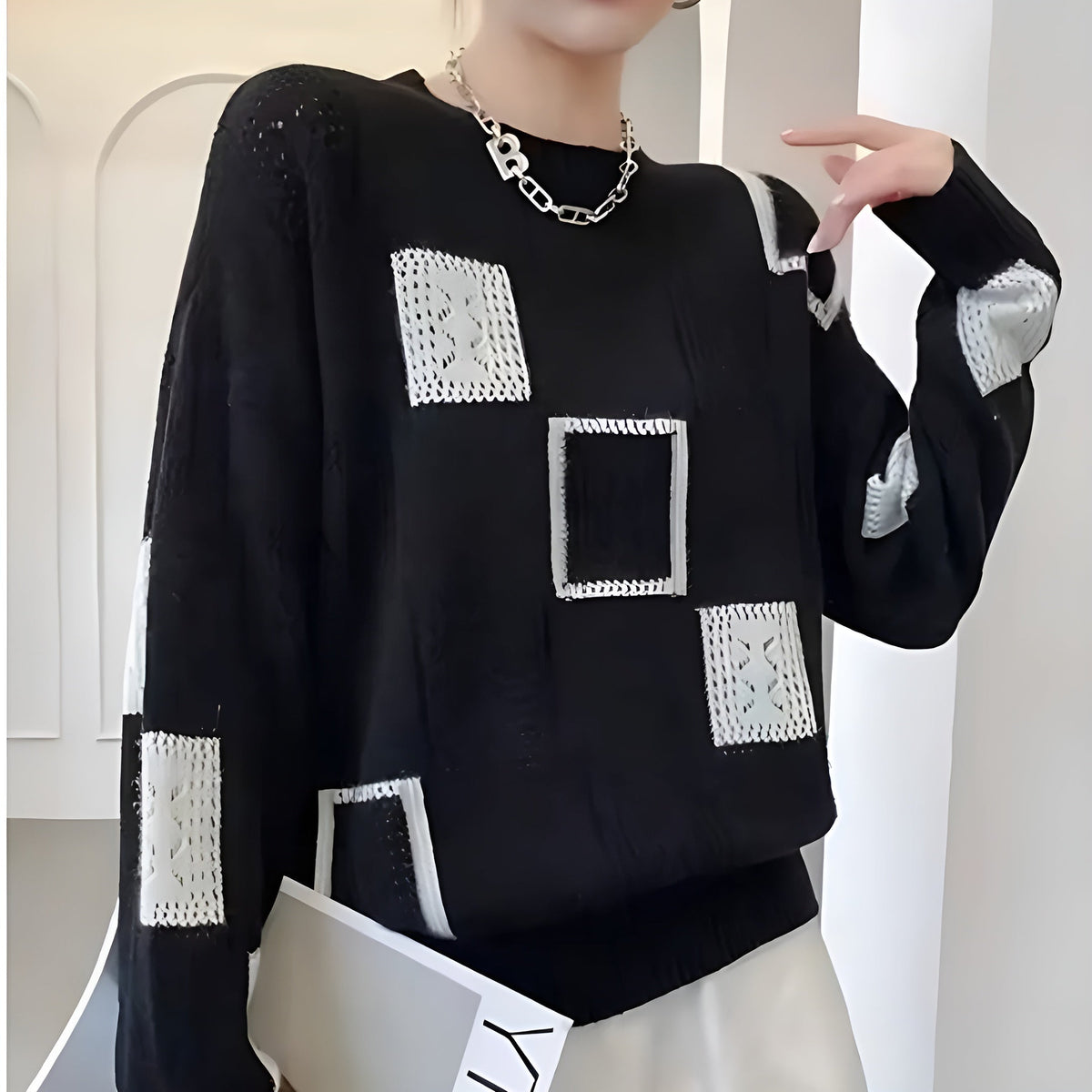 Jersey de mujer estampado de punto con cuello redondo