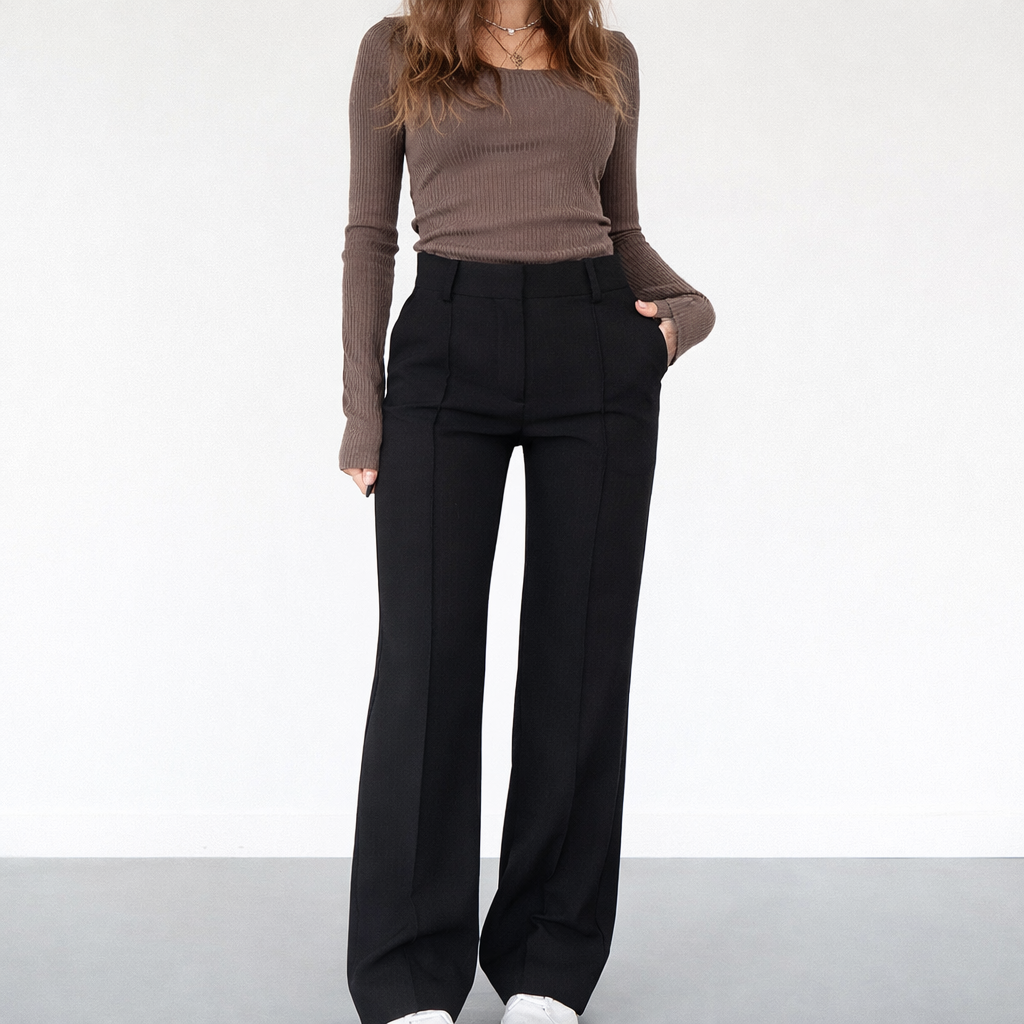 Pantaloni Eleganti Donna a Vita Alta con Pince – Gamba Dritta e Taglio Sartoriale