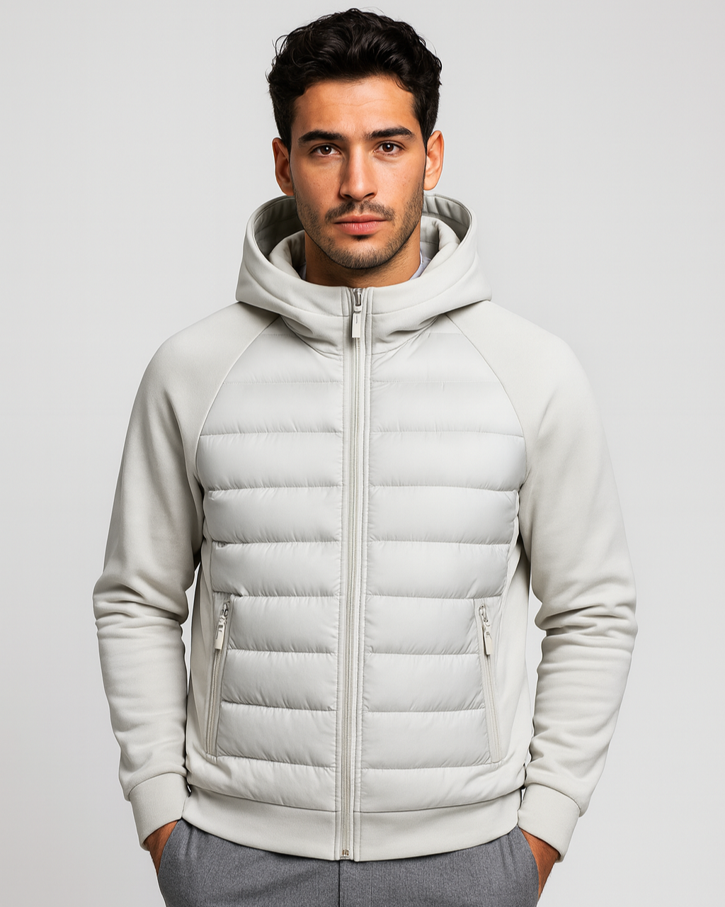 Veste hybride softshell pour homme avec capuche – légère et matelassée pour l’automne et l’hiver