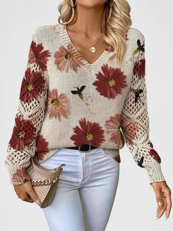 Suéter de mujer con cuello en V y mangas caladas – Elegante y cómodo