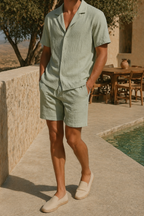 Completo in Lino da Uomo con Camicia a Maniche Corte e Shorts