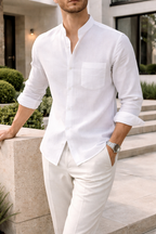 Camicia da Uomo in Misto Lino con Colletto Coreano