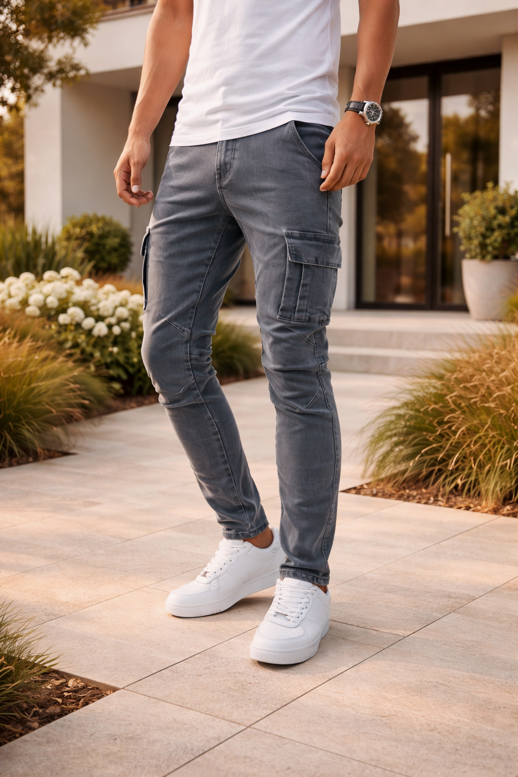 Jean cargo homme coupe slim - Denim extensible avec poches utilitaires et coupe moderne