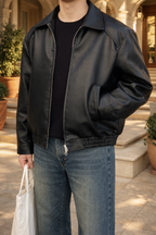 Bomber Uomo Effetto Pelle con Zip e Colletto Classico