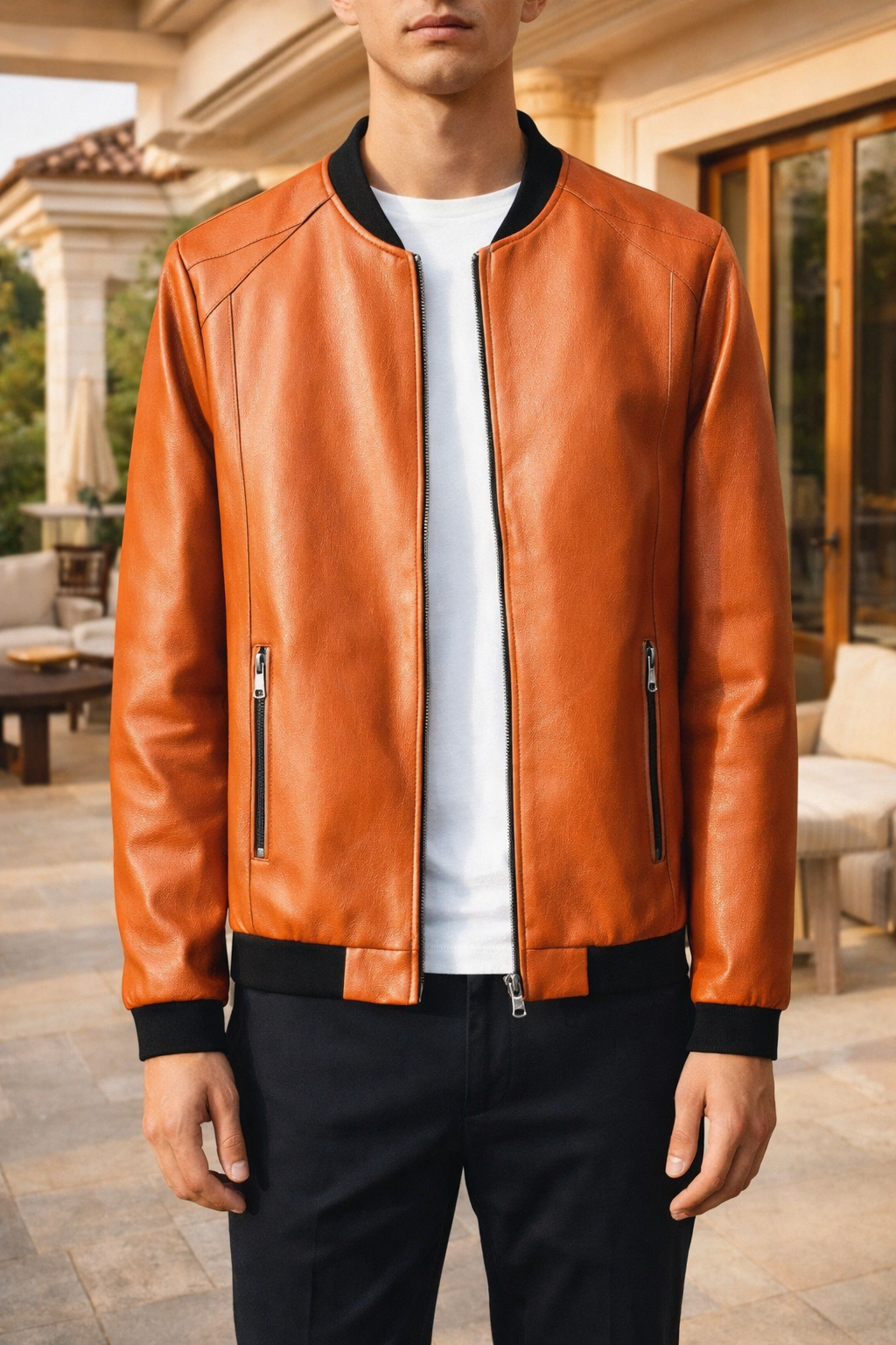 Bomber Uomo in Pelle con Zip e Finiture a Coste