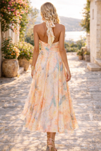 Abito Maxi Floreale con Scollo All'Americana e Gonna Plissettata