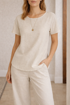 Blusa in Misto Lino con Scollo Rotondo e Maniche Corte