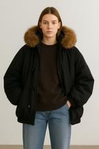 Giacca Donna Oversize con Cappuccio in Pelliccia Sintetica