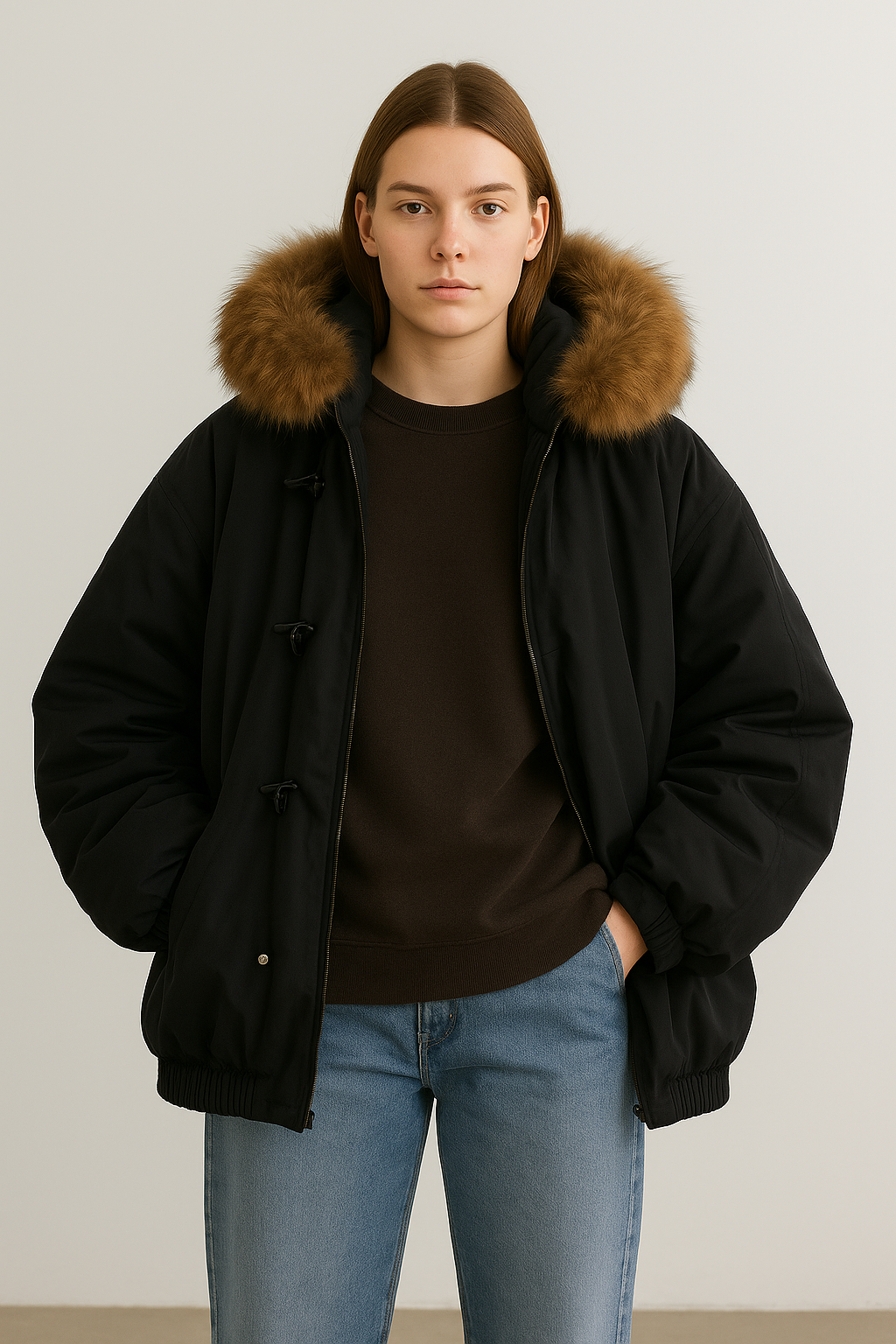 Giacca Donna Oversize con Cappuccio in Pelliccia Sintetica