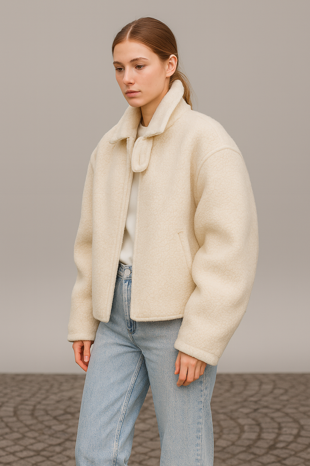 Giacca Corta Donna in Misto Lana Effetto Shearling